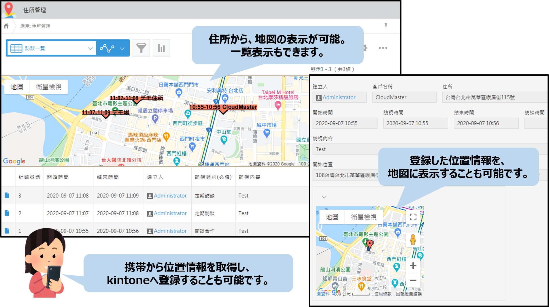 住所から、地図の表示が可能。一覧表示もできます。携帯から位置情報を取得し、kintoneへ登録することも可能です。登録した位置情報を、地図に表示することも可能です。
